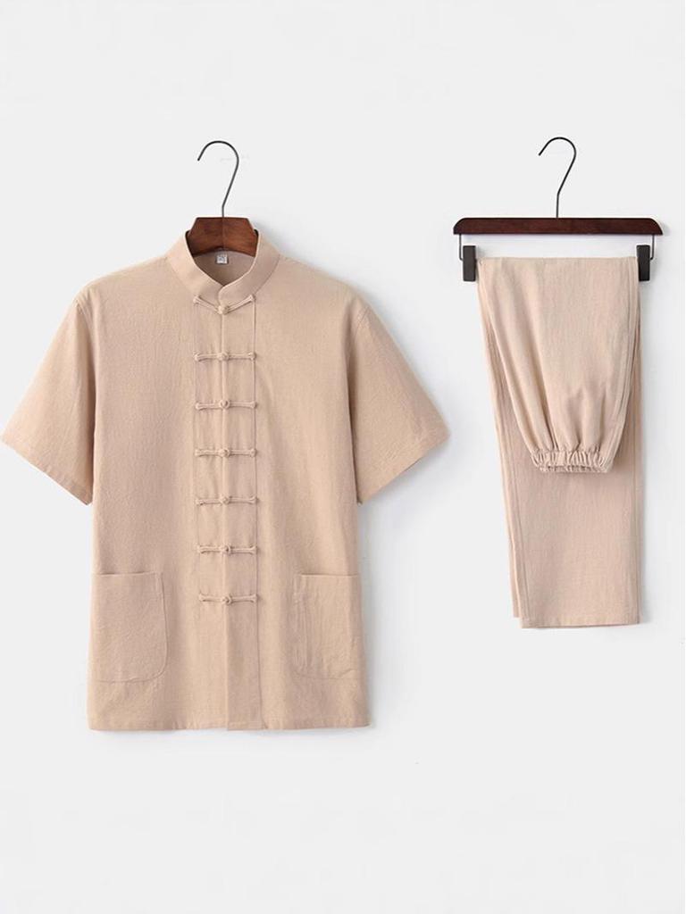 Tang-Anzug aus Baumwolle und Leinen für Herren: Kurzärmlig, Froschverschluss, Chinesischer Stil, Perfekt für Sommer und ältere Männer.