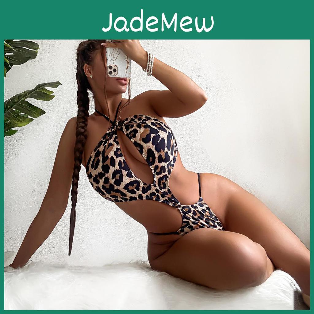 Leopard Halter Swimsuits Womens Print Neck Sexy Open Back Ties Onepiece Swimsuits Bikini Beachwear Bathing Suits