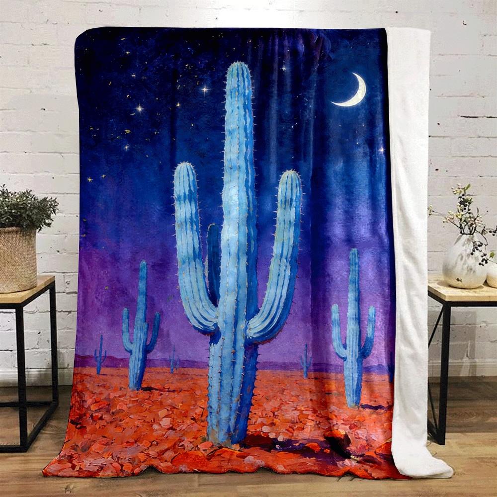 Tall blue cacti in a desert under a starry sky with a crescent moon. for all seasons blanket lunch break throw gift
