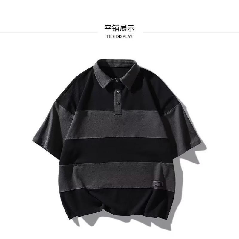 Men's Color Block Stripe Polo Shirt Casual Short Sleeve Loose Fit Streetwear Top