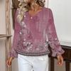 Women's Casual Fashion Ruffle V-Neck Pocket Retro Print Long Sleeve Top