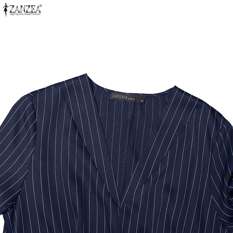 ZANZEA Women Elegant Casual V-neck Long Sleeve Stripe Dress