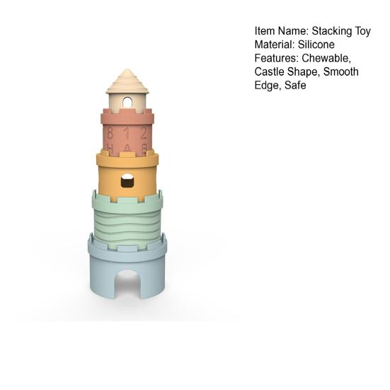 1 Set Baby Stacking Toy Smooth Edge Safe No Odor Anti-cack Silicone Chewable Castle Shape Color Cognition Promote Hand-eye Coordination Number