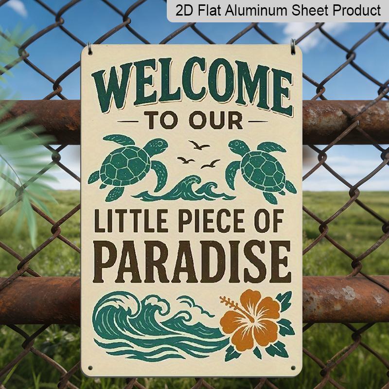 2D Flat 1pc Vintage Coastal Metal Sign Welcome To Our Little Piece of Paradise - Ocean & Turtle Design, Sturdy Aluminium Wall Art for Beach House