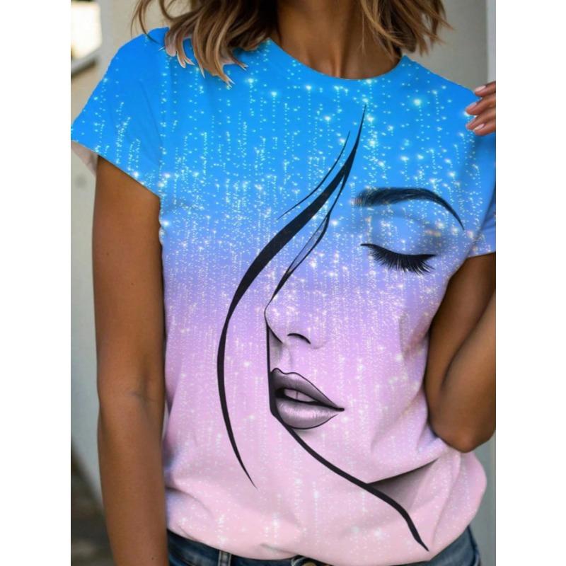 Summer Round Neck 3D Facial Depiction Pattern Print Top Fashionable Casual Short Sleeved Women's T-shirts