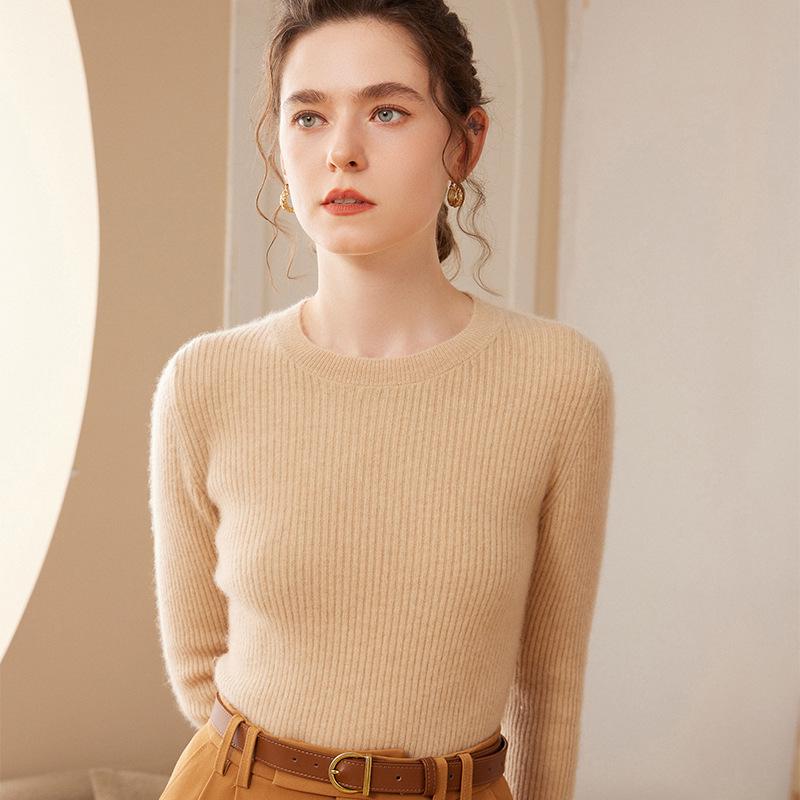 Women's Slim Fit Cashmere Striped Knit Pullover - Round Neck, Long Sleeve, Autumn/Winter Base Layer Sweater