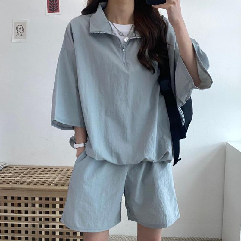 Women's Two-Piece Summer Sportswear: High Neck Zip Top & Loose Shorts Set