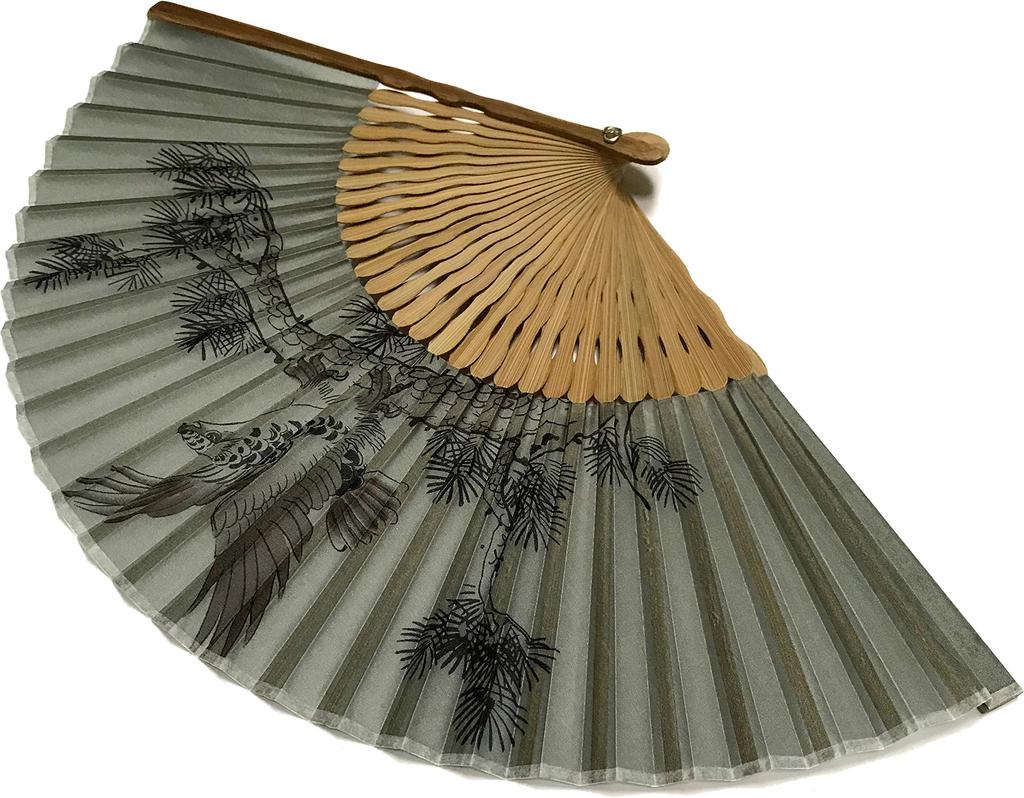 Hanakanzashi Silk Fan with Hawk and Old Pine Japanese 22cm Men's Design, Sumi-e (Ink Painting) Pattern, Gray,