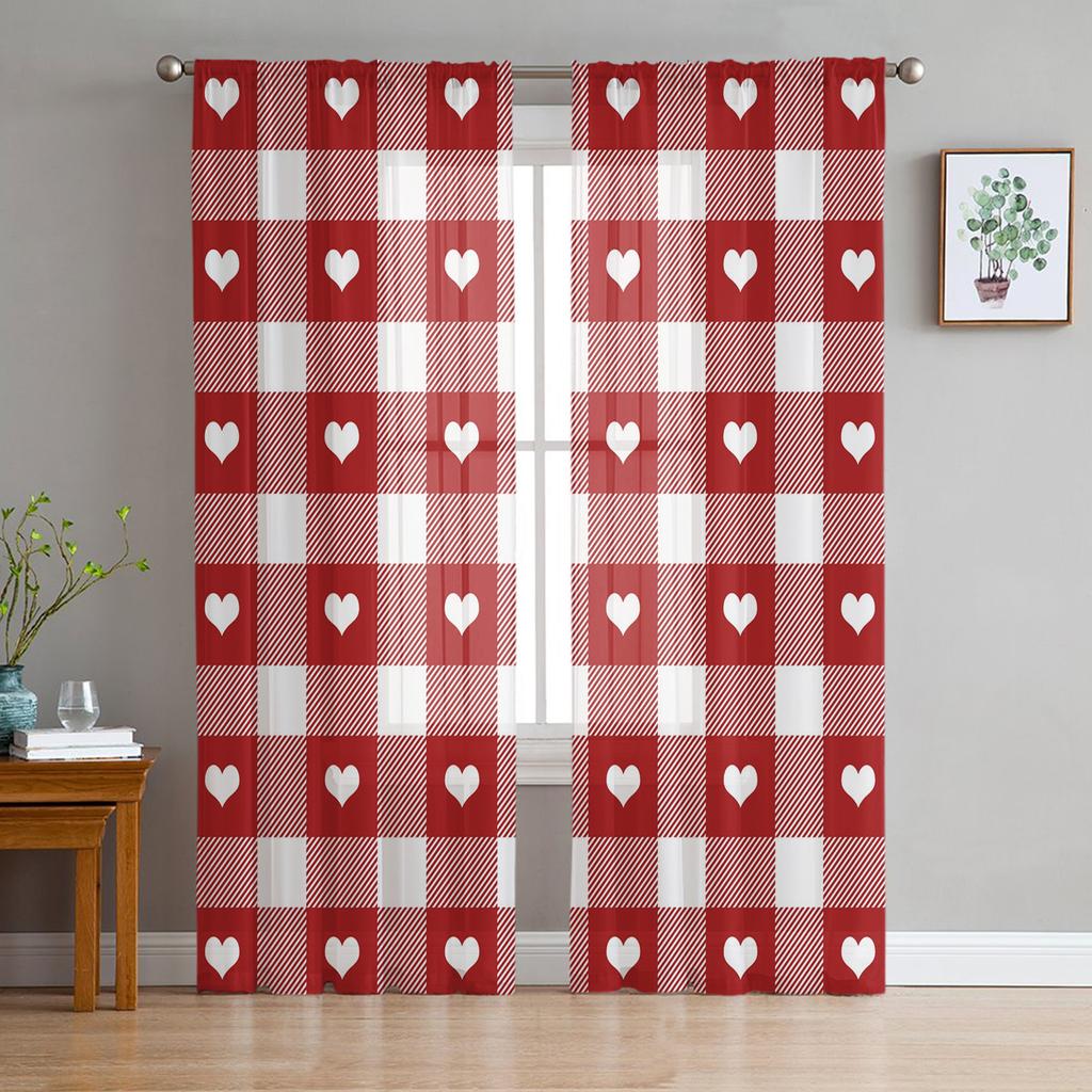 Valentine 'S Day Love Red Plaid Tulle Curtains For Living Room Bedroom Home Decor Chiffon Sheer Voile Kitchen Curtain