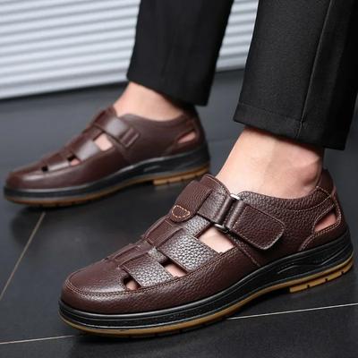 New Men's Soft Genuine Leather Hollow Hole Shoes Sandals Business Casual Shoes for Men Summer Breathable Comfortable Sandals