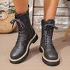 Medium Women's Boots Autumn and Winter New Round Head Fashion Belt Buckle Solid Color Side Zipper Martin Boots