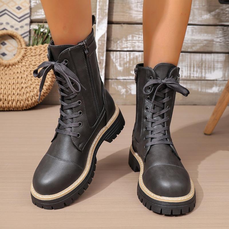 Medium Women's Boots Autumn and Winter New Round Head Fashion Belt Buckle Solid Color Side Zipper Martin Boots