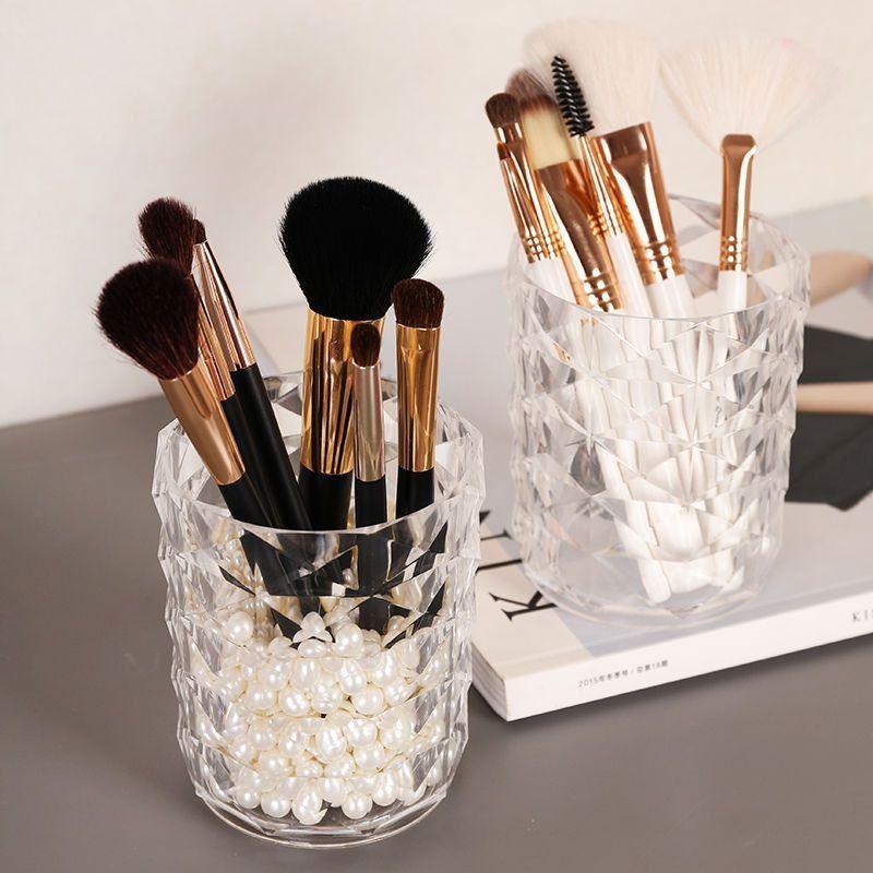 Diamond Pattern Transparent Acrylic Makeup Brush Holder for Vanity Table