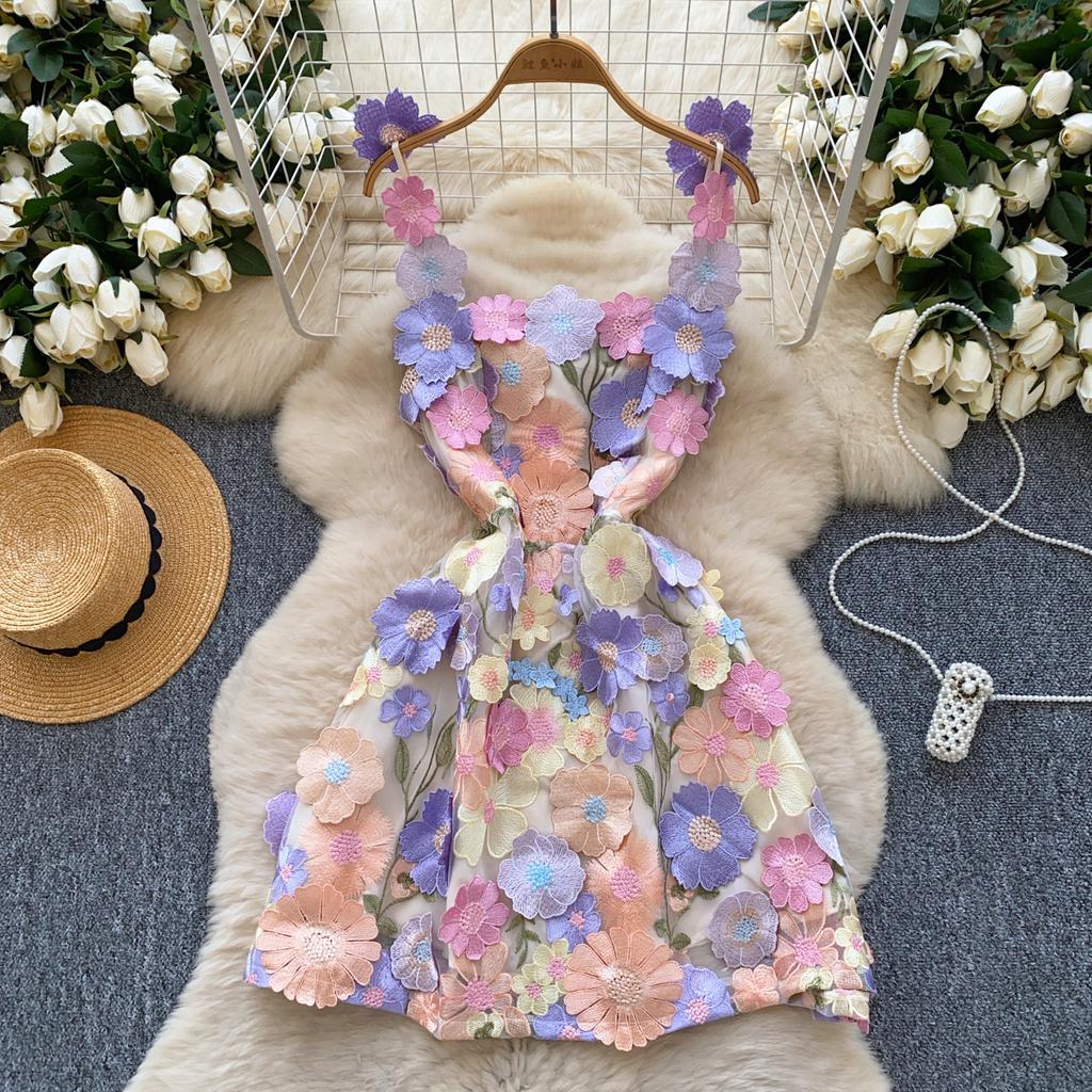 women's 3D Floral Applique Mesh Slip Dress