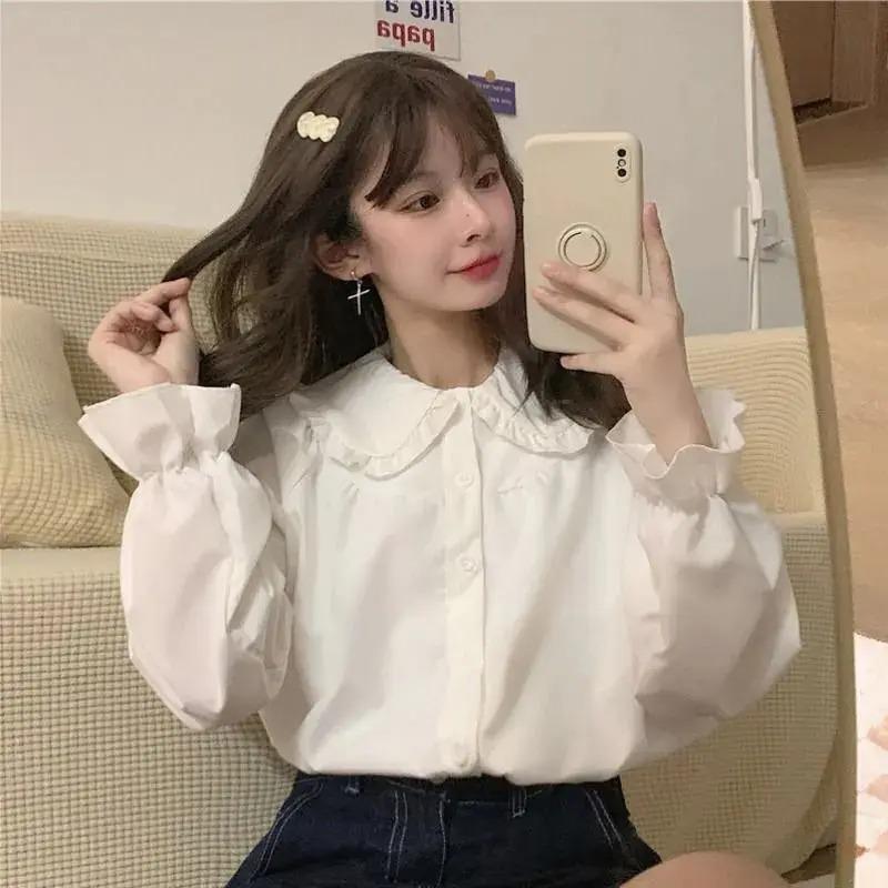 Vintage Women White Shirt Preppy Style Fashion Elegant Female Long Sleeve Blouse Y2K All Match Shirts