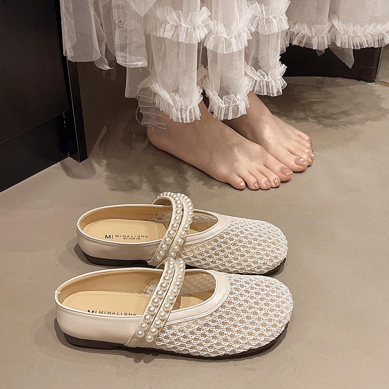 Woven fishing net shoes bag head half slippers women's summer wear new one-pedal thick-soled Mary Jane sandals