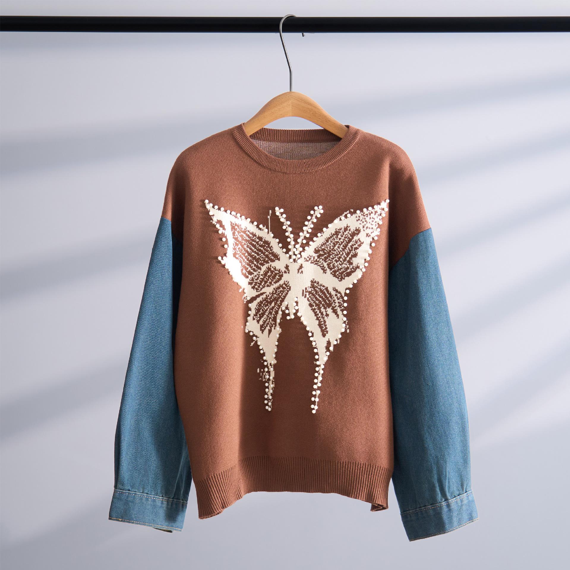 

Осень и зима 2025 года Пуловер в японском стиле Харадзюку Женский европейский и американский топ с круглым вырезом, длинным рукавом и жемчужной бабочкой L хаки