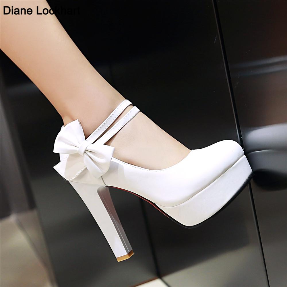 Fashion Spring High Heels Women Platform Pumps Ankle Strap Shallow Mouth Single Shoes Bow Ladies High Heels White Wedding Women Shoes