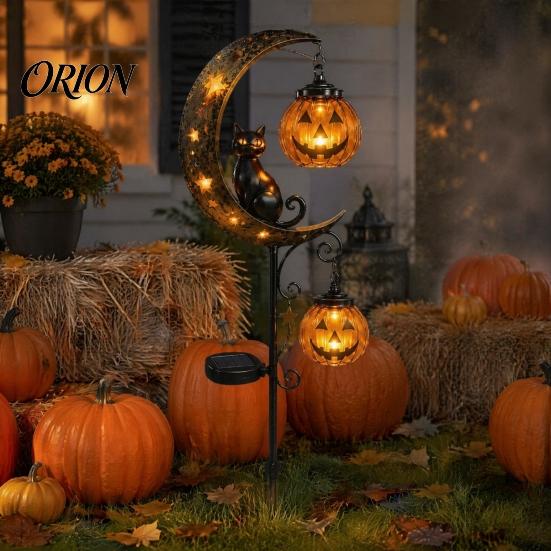 Festive Lawn Stakes Light Halloween Solar Garden Stake Light, Black Cat Pumpkin On Crescent Moon with Illuminated Path Markers for Hanging Lantern,