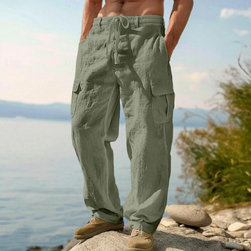 Pantaloni da uomo in cotone e lino per primavera ed estate, multi-tasche, da lavoro, taglio dritto ampio, abbigliamento sportivo e pantaloni casual