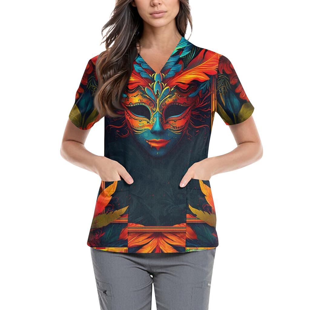 Women's  Carnival Themed Outfit Party Mask Pattern Caregiver Top