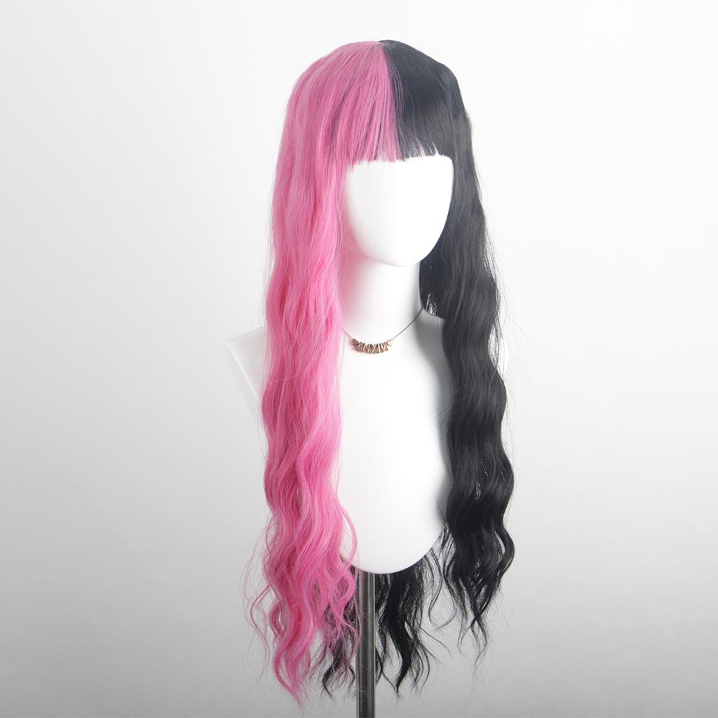 Women's Black Pink Mixed Color High-Quality Synthetic Long Curly Hair Wig with Fashionable Qi Bangs for Party Wear