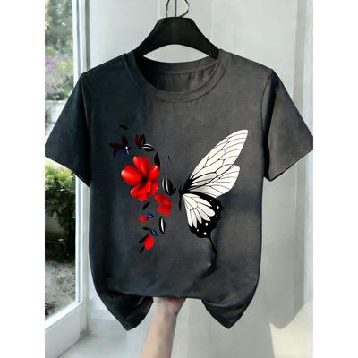 Neues Damen Rundhals Kurzarm T-Shirt Schmetterling Blumen Print Schwarz Weiß Grau Dehnbar Weich Ganzjahres Freizeit