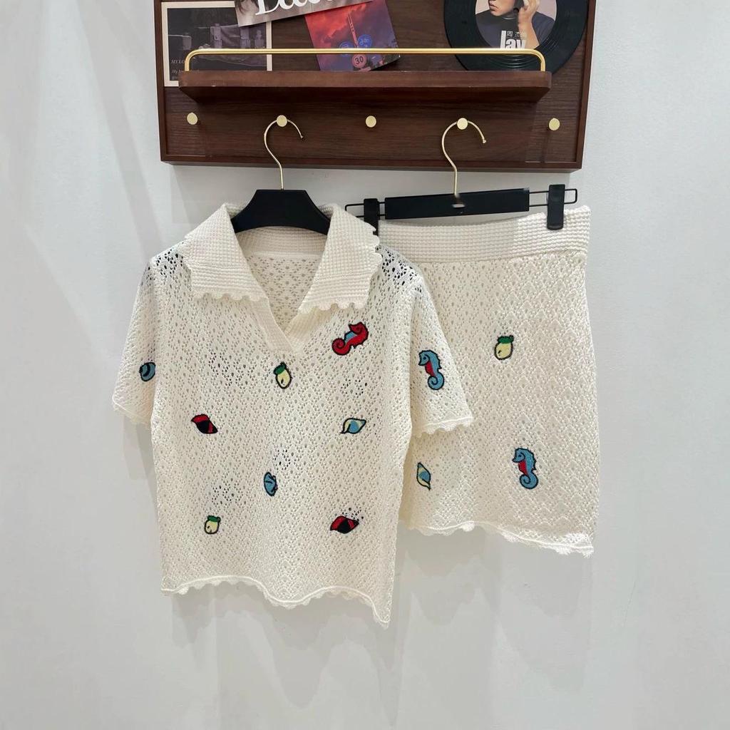 European Heavy Embroidery Cartoon Knit Two-Piece Set: Short Sleeve Lapel Top & Skirt