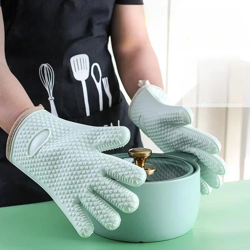 1 Pair Anti Scalding Insulated Oven Gloves Kitchen Microwave Oven Baking Mitts Thickened Five Finger Heat-proof Silicone Gloves
