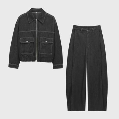 Women's Lapel Zipper Denim Jacket & Straight Pants Set