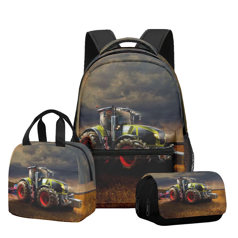 Classic Novelty Cool Tractor pattern 3D Printed 3pcs/Set Student School Bags Laptop Daypack Backpack Lunch bag Pencil Case