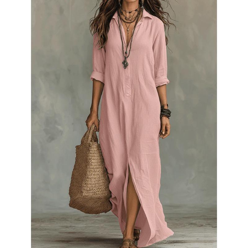 IHUASU Women's Fashion Spring Autumn Solid Color Print POLO Neck Long Sleeve Casual Dresses