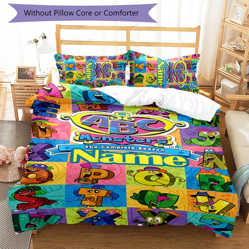 3pcs Custom Name ABC Monsters Bedding Set Duvet Cover Closure Includes 1 Duvet Cover & 2 Pillowcases for All Seasons Bedroom Decor