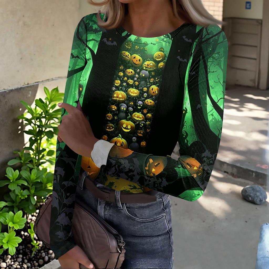 Women's Casual Long Sleeve Ribbed Top Halloween Print Round Neck Stretchy Slim Fit Pullover Shirt for Fall and Winter