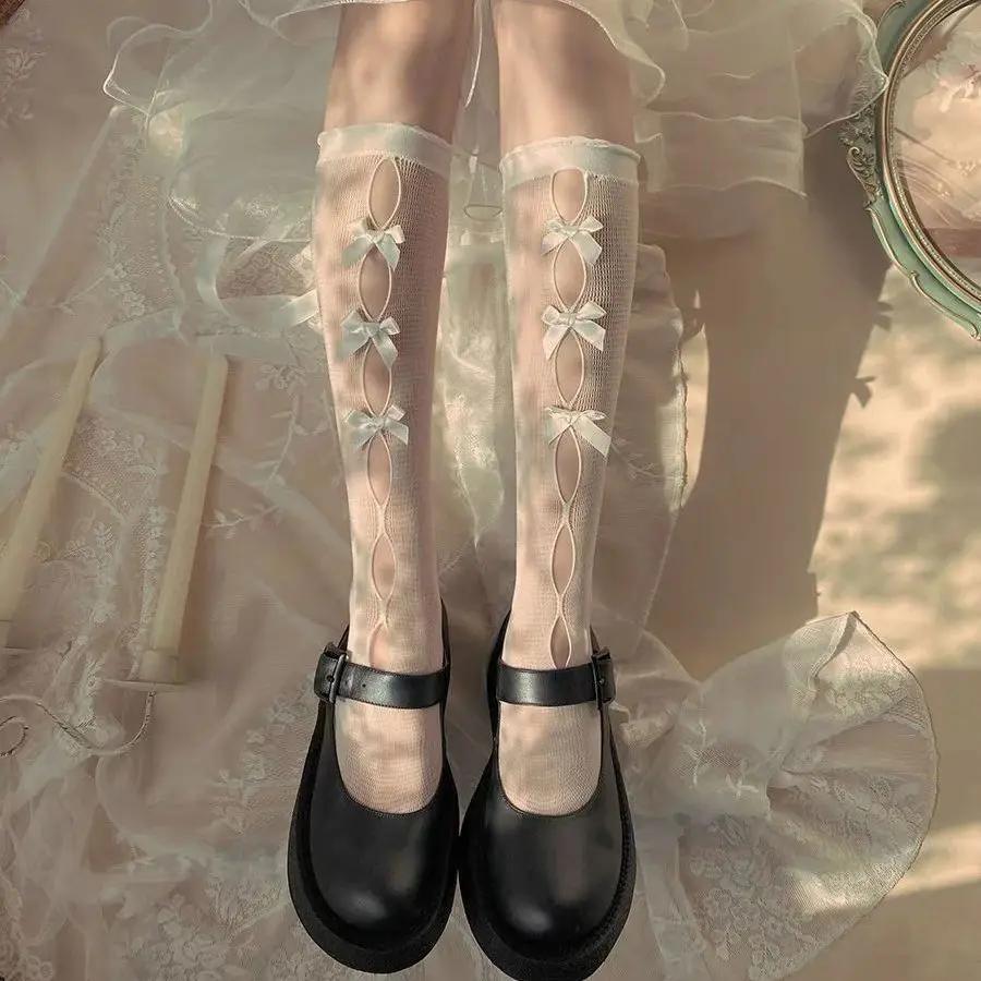 Lolita Summer Thin Girls Stockings Girls Summer JK Black White Calf Socks Japanese Lace Bow Hollow Mid-thigh Tignts Long Socks