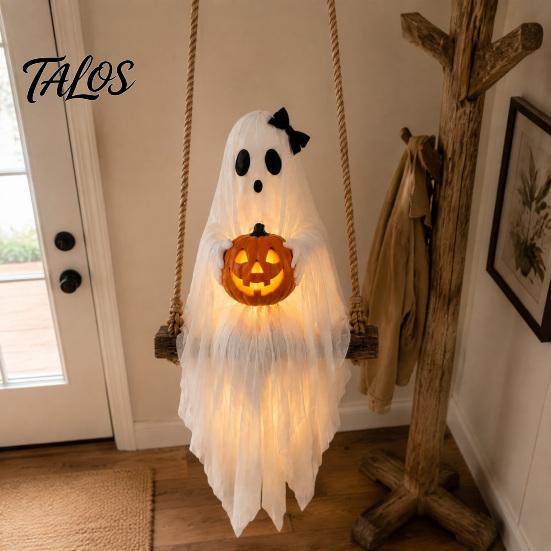 Seasonal Room Ornaments Halloween Lighted Ghost Swing with Glowing Pumpkin, Hanging Spooky Decor Unique Night Accessories for Porch Yard, LED Floating