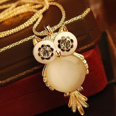 Femmes brillant strass mignon hibou longue chaîne pendentif pull collier bijoux