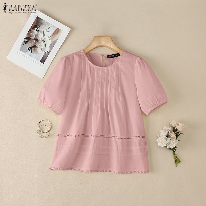 ZANZEA Damen Freizeit Rundhals Sommer Kurzarm Baumwollbluse