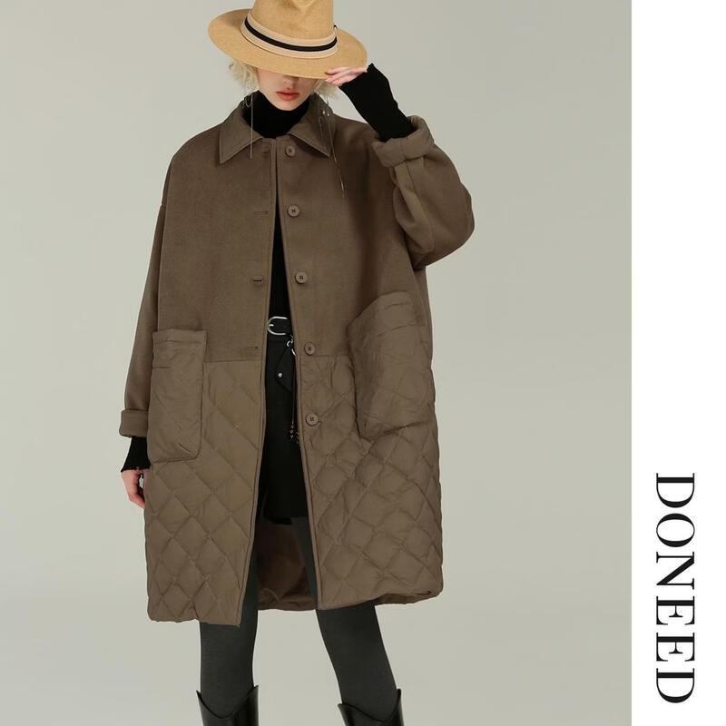 DONEED Women's Retro Wool-Blend Quilted Down Mid-Length Coat