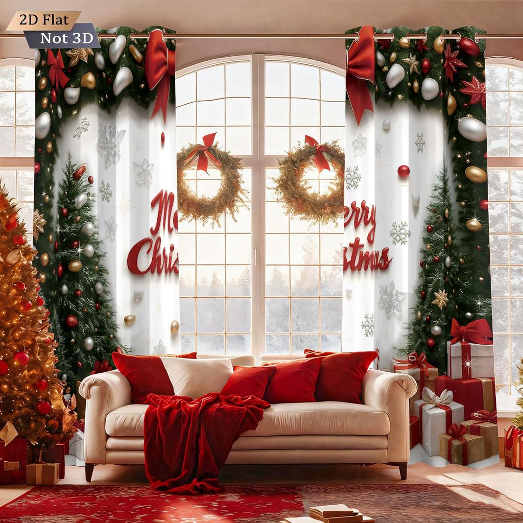 Set Of 2 Happy Christmas Tree Printed Perforated Curtains Multi Size Living Room Insulation Festival Decoration Curtain With Light Blocking Polyester