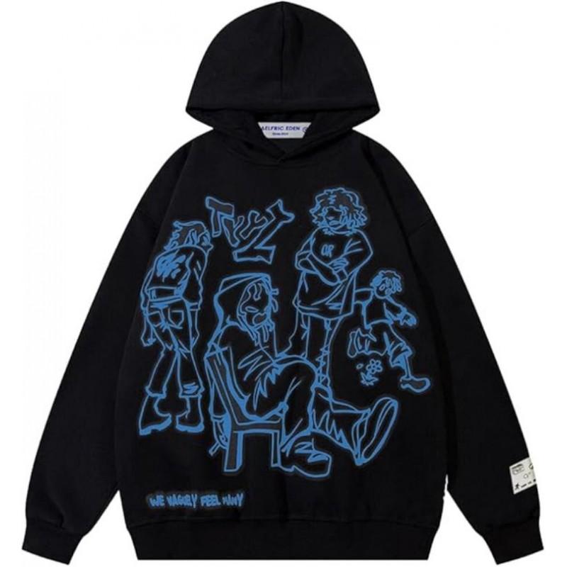 Oversized Hooded Sweatshirt Men Women Streetwear Loose Fit Graphic Print Long Sleeve Pullover Casual Jacket