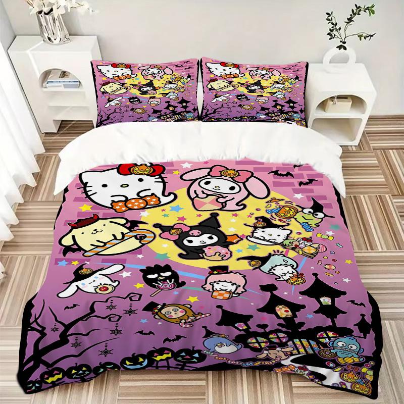 3pcs Halloween Fun Hello Kitty My Melody & Friends Bedding Set Includes Quilt Cover and Pillowcases, Suitable for All Seasons