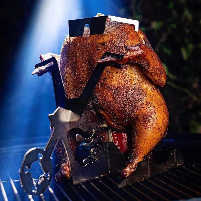 2025 new American Motorcycle BBQ Steel Rack with Beer Can Holder for Juicy and Funny Chicken Grilling Roast Barbecue Accessories to