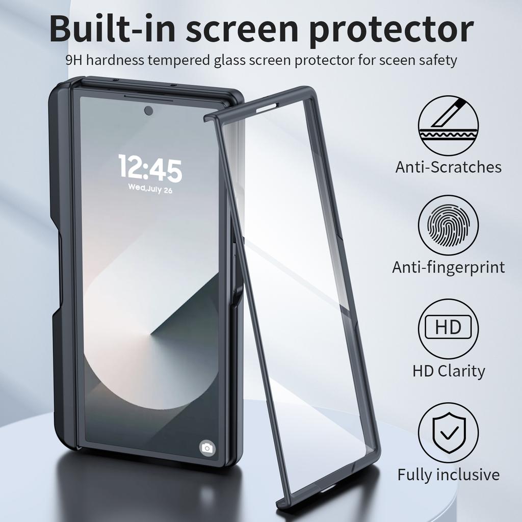 for Samsung Galaxy Z Fold 6 Phone Case With S Pen Holder, Hidden Stand, Screen Protector, Sturdy Shockproof Protective Case-Black