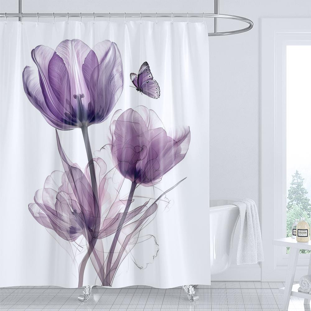 Floral Shower Curtain Watercolor Tulip Print Shower Curtain With Hooks, Waterproof Shower Curtain, Shower Curtains For Bathroom
