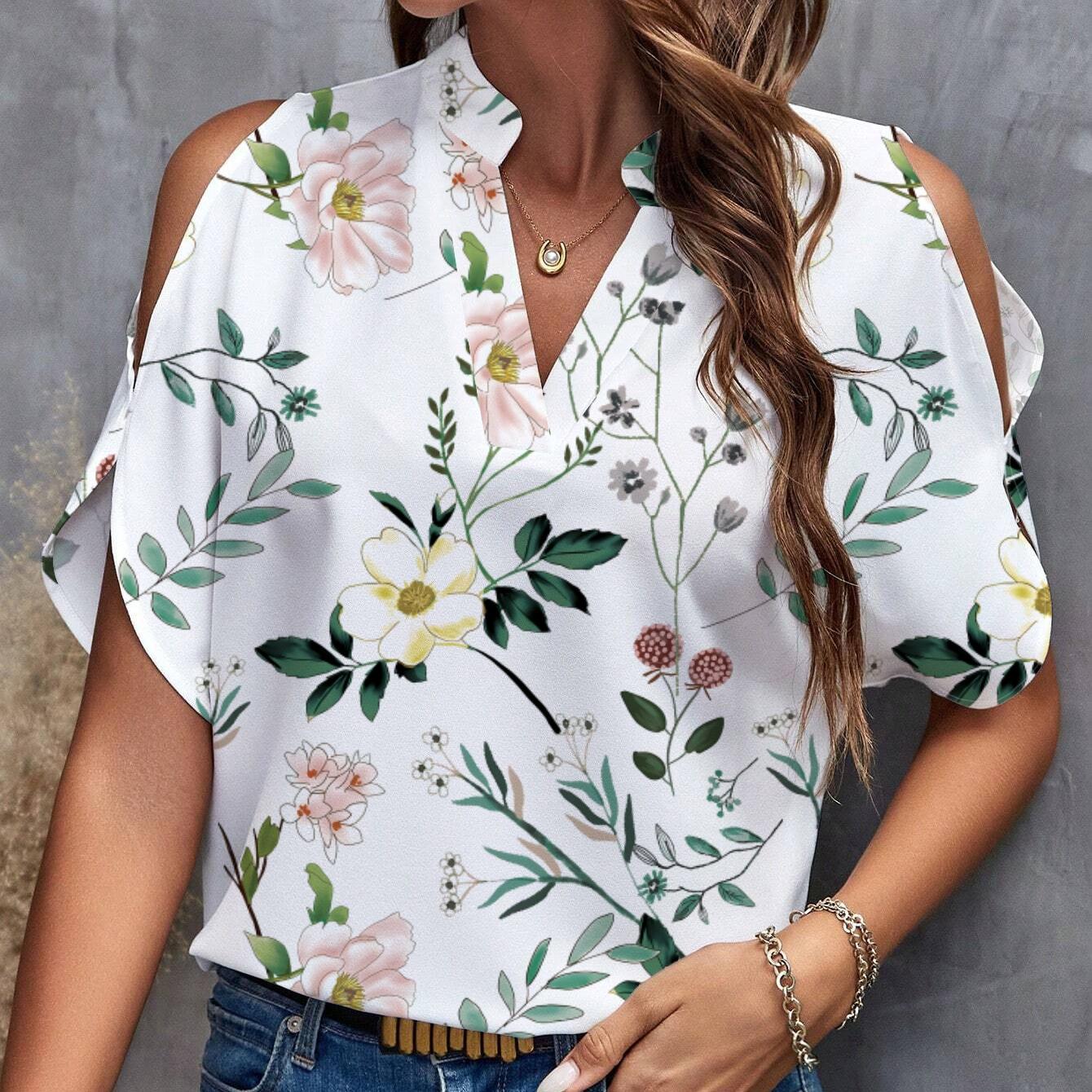 

GMXIA Весенняя женская свободная футболка с принтом, с V-образным вырезом и открытыми плечами XXL