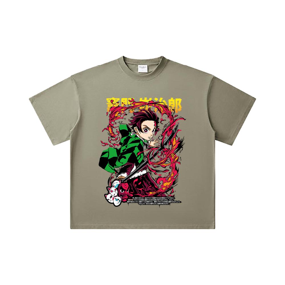 260 GSM Double Yarn 32 Count 100% Cotton Demon Slayer V19 Tanjiro Print Unisex Heavy Cotton T Shirt