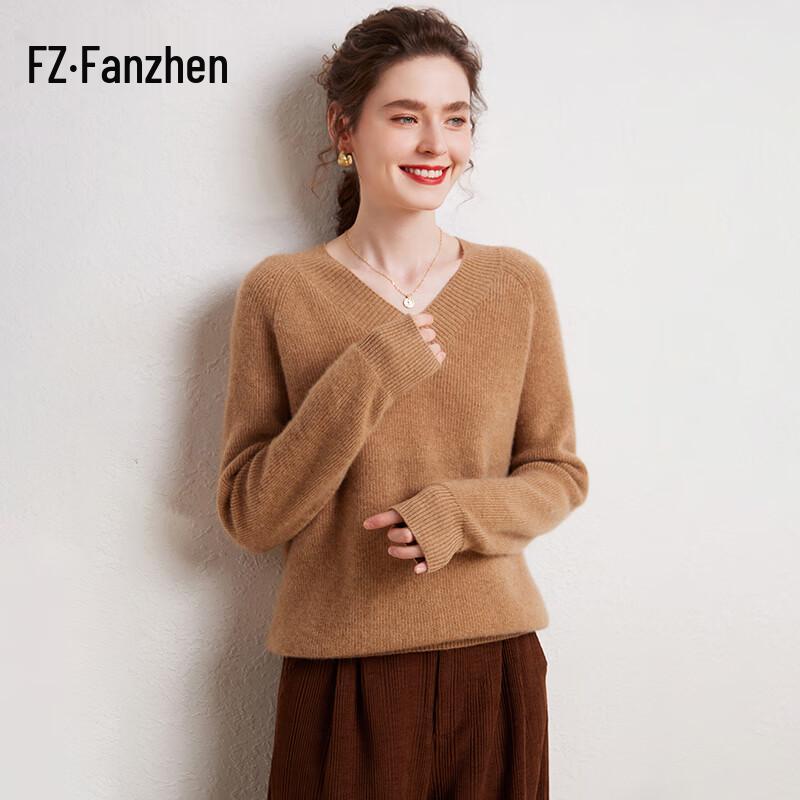 Fanzhen Women's Thickened 100% Cashmere V-Neck Sweater