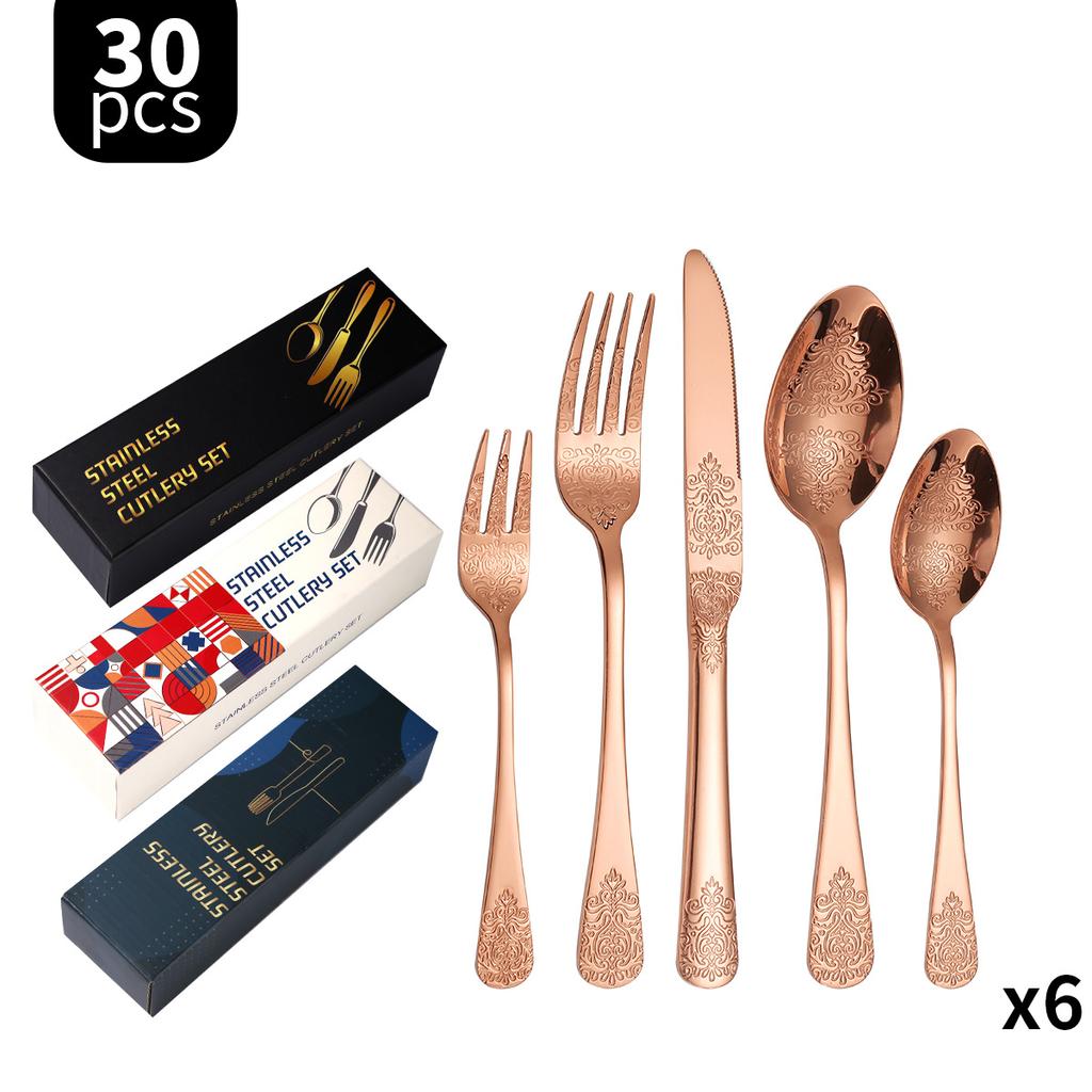 Double-Headed Flower Pattern Tableware Knife, Fork and Spoon 430 Stainless Steel Advanced Western Tableware 5 Main Pieces Suit