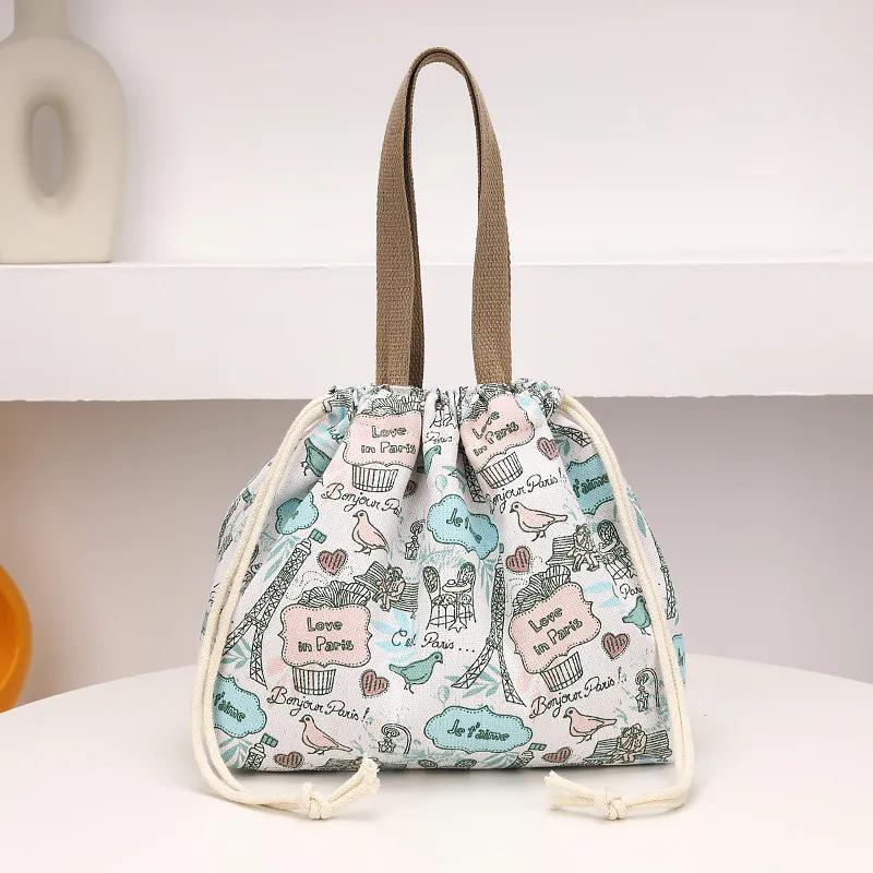 WTEMPO Fashion Printed Lightweight Handbags Women's Embroidered Drawstring Bento Bags Commuting Travel Lunch Box, Storage, Hand-held Cloth Bags